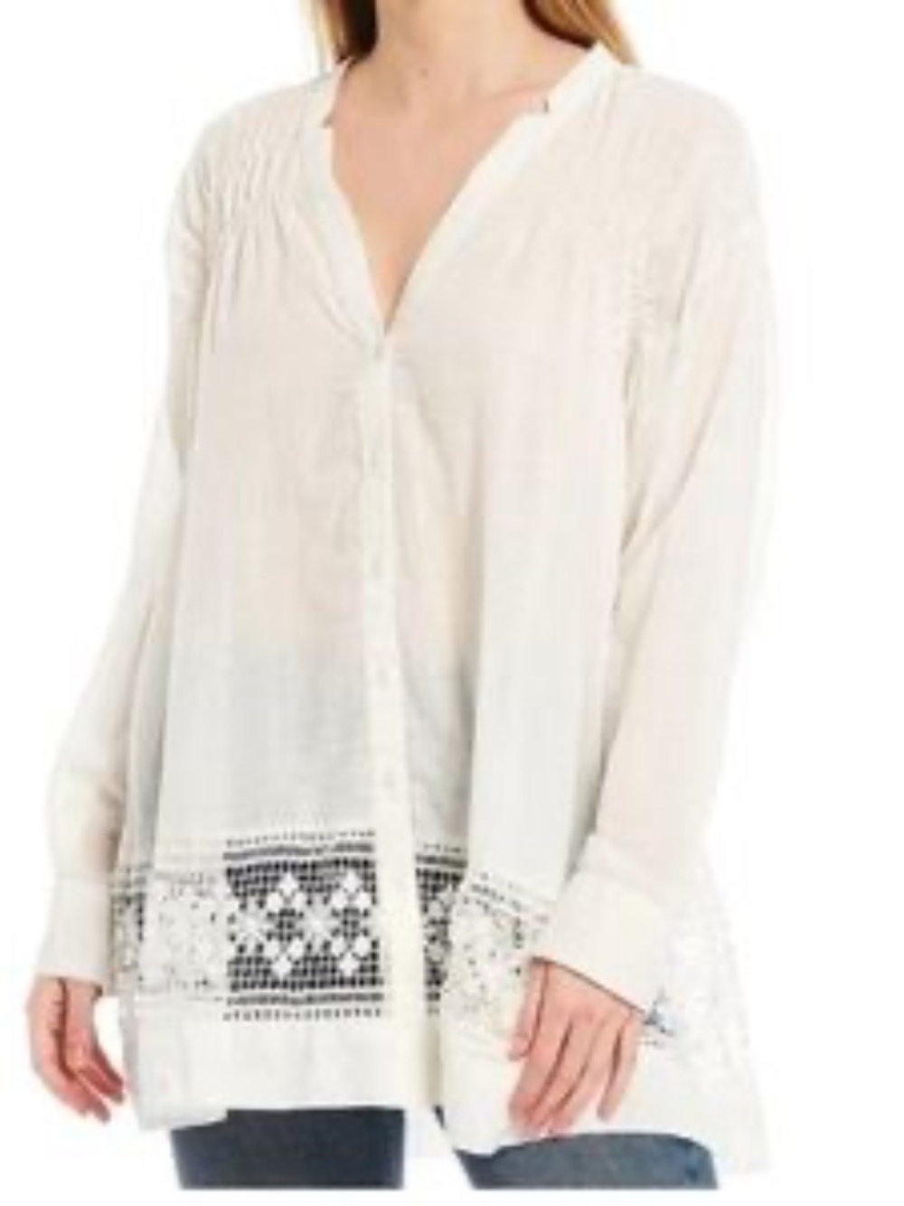 Free People Green Gardens White Gauzy Button-Front Tunic w/ Lace Hem Size Small - Picture 2 of 11